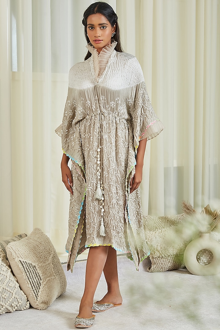 Grey Bandhani Frilled Kaftan Dress by Twenty Nine at Pernia's Pop Up Shop