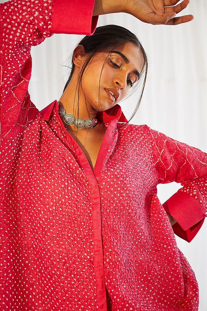 Fuchsia Crushed Silk Bandhani Shirt by Twenty Nine at Pernia's Pop Up Shop