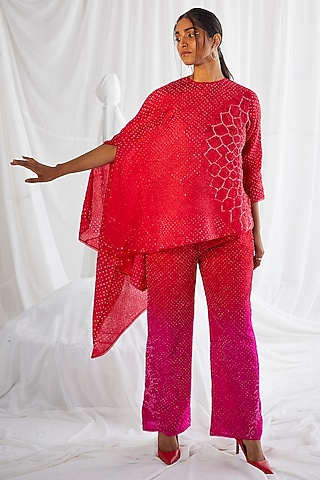Fuchsia Crushed Silk Bandhani Cape Top by Twenty Nine