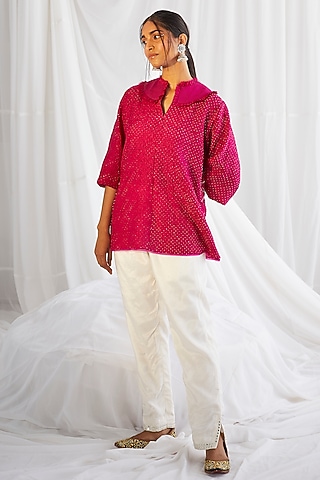 Fuchsia Crushed Silk Bandhani Top by Twenty Nine