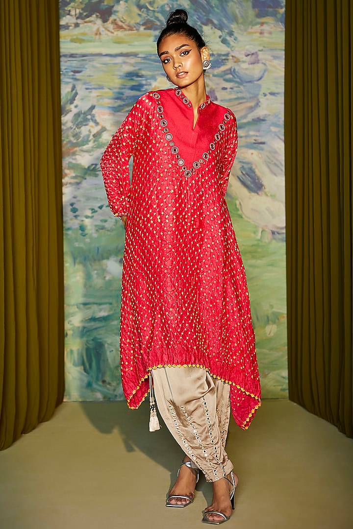 Fuchsia Silk Bandhani Asymmetrical Dress by Twenty Nine