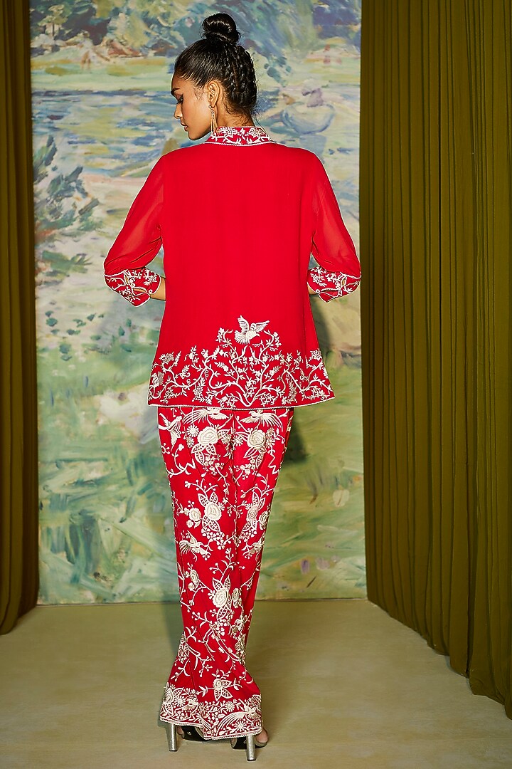 Red Satin Dart Embroidered Dhoti Pants by Twenty Nine at Pernia's Pop Up Shop