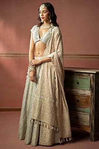 Mint Green Georgette Chikankari & Mirror Embroidered Lehenga Set by Twenty Nine