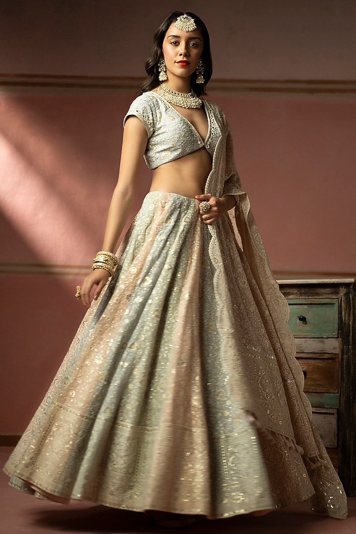 Mint Green Georgette Chikankari & Mirror Embroidered Wedding Lehenga Set by Twenty Nine at Pernia's Pop Up Shop