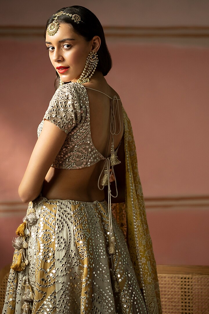 Ecru and Golden Yellow Georgette Mirror Jaal Work Wedding Lehenga Set by Twenty Nine at Pernia's Pop Up Shop