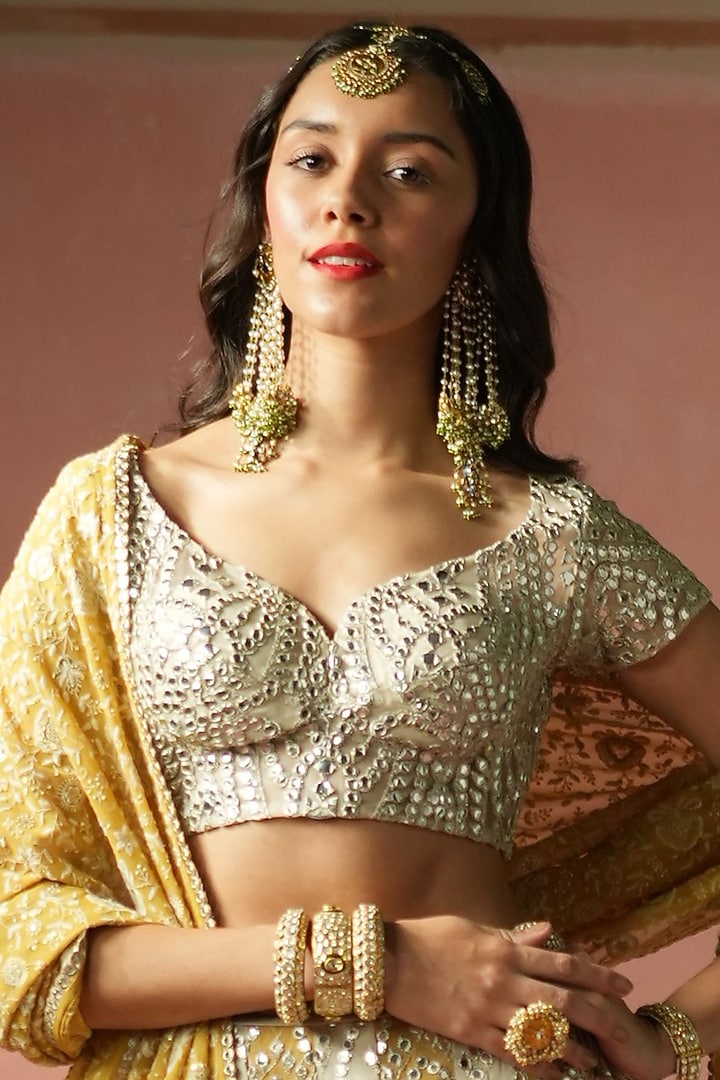 Ecru and Golden Yellow Georgette Mirror Jaal Work Wedding Lehenga Set by Twenty Nine at Pernia's Pop Up Shop