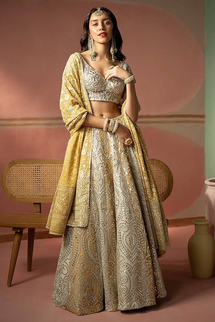 Ecru and Golden Yellow Georgette Mirror Jaal Work Wedding Lehenga Set by Twenty Nine at Pernia's Pop Up Shop