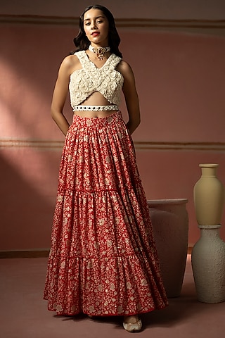 Red Georgette Chikankari & Mirror Embellished Lehenga Set by Twenty Nine