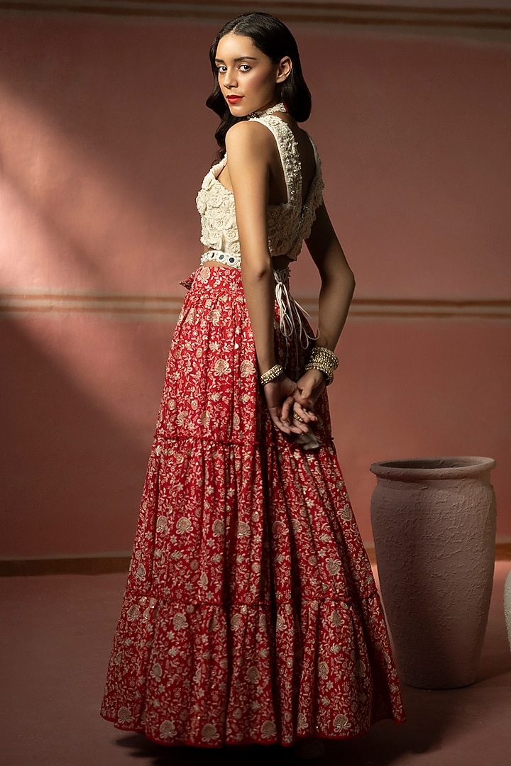 Red Georgette Chikankari & Mirror Embellished Wedding Lehenga Set by Twenty Nine at Pernia's Pop Up Shop