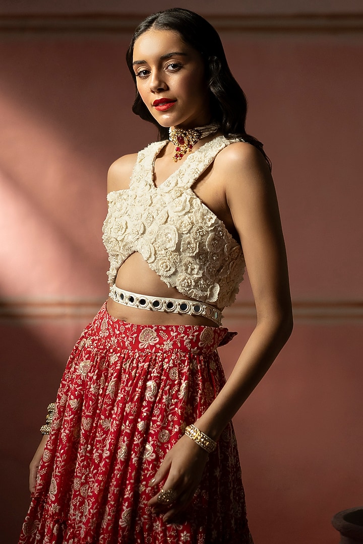 Red Georgette Chikankari & Mirror Embellished Wedding Lehenga Set by Twenty Nine at Pernia's Pop Up Shop