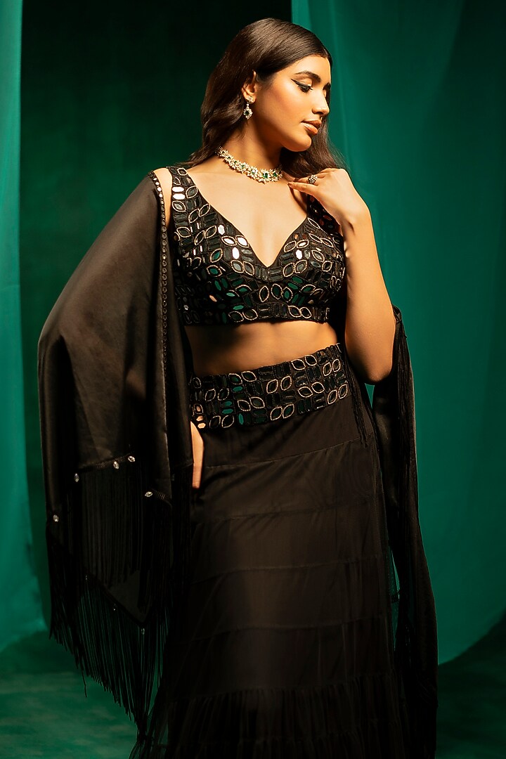 Black Net Mirror Jaal Work Fish Cut Wedding Lehenga Set by Twenty Nine at Pernia's Pop Up Shop