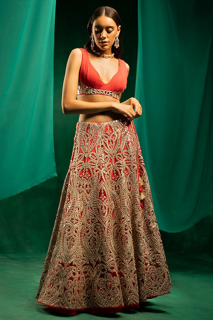 Red Net Mirror Jaal Work Wedding Lehenga Set by Twenty Nine at Pernia's Pop Up Shop