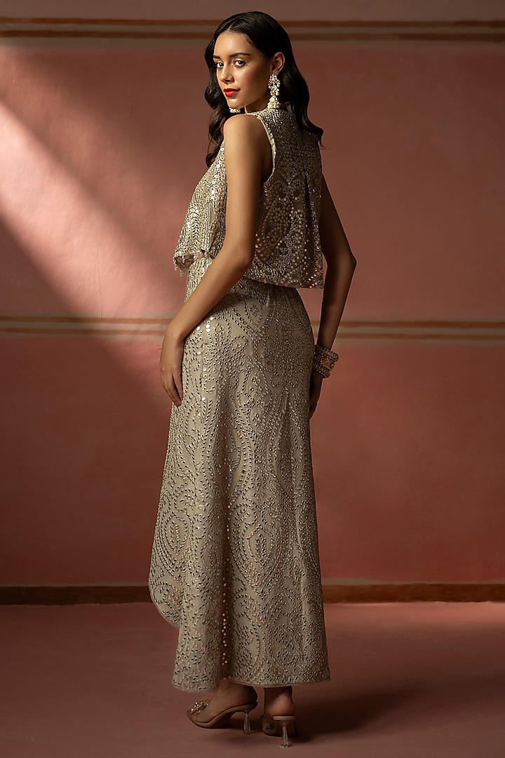 Silver Georgette Mirror Jaal Embroidered Wedding Lehenga Set by Twenty Nine at Pernia's Pop Up Shop