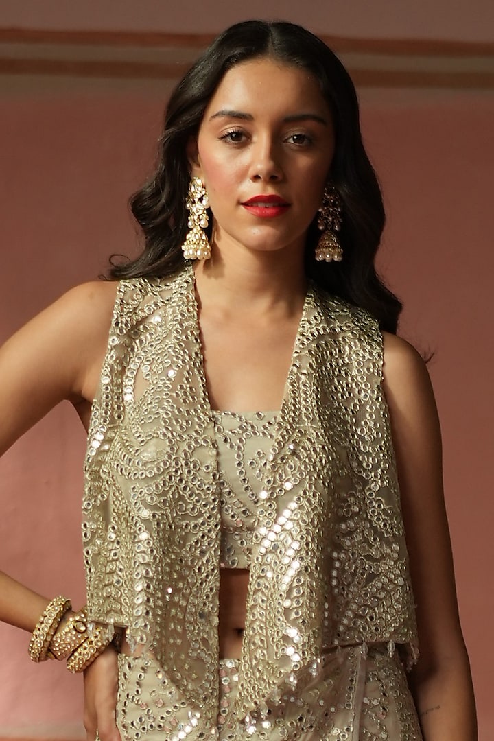 Silver Georgette Mirror Jaal Embroidered Wedding Lehenga Set by Twenty Nine at Pernia's Pop Up Shop