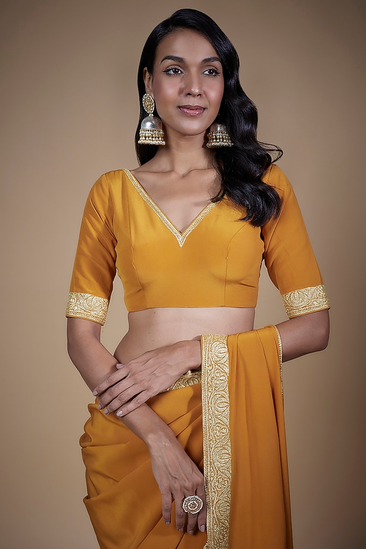 Mustard Pure Crepe Silk Hand Embroidered Wedding Saree Set by The Whole Nine Yards at Pernia's Pop Up Shop