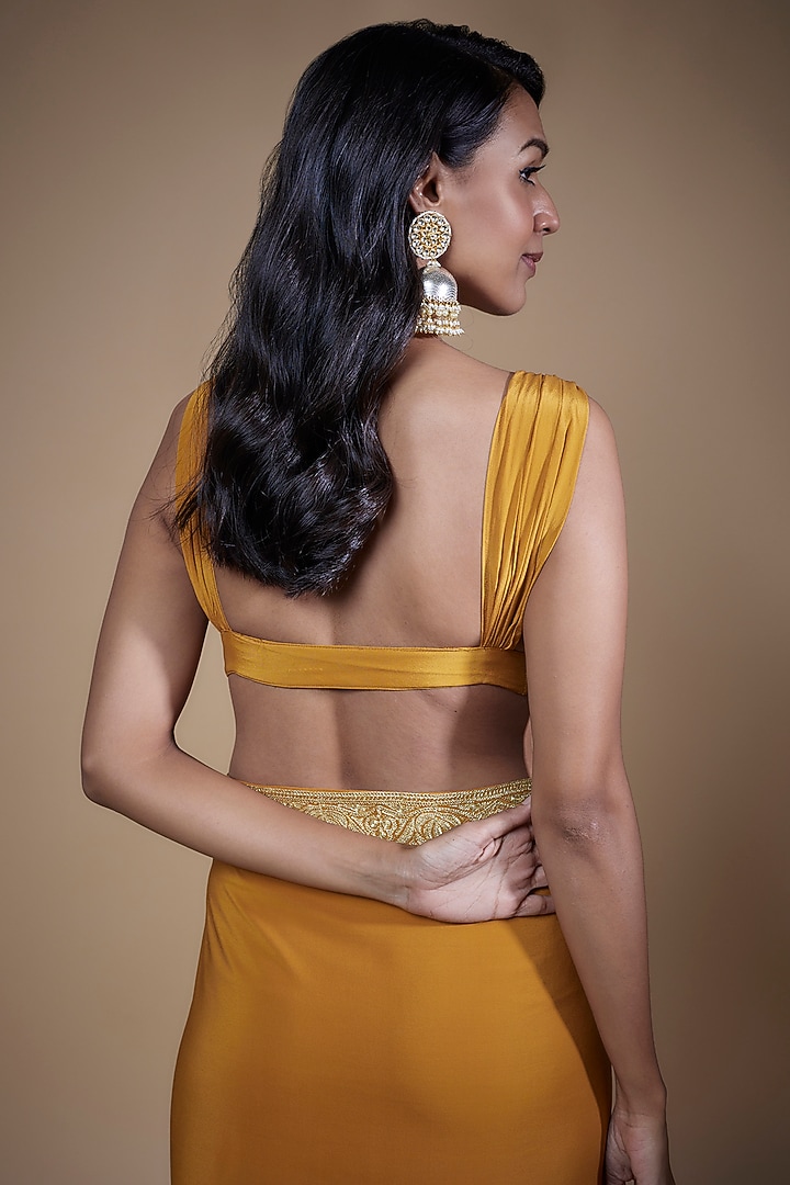 Mustard Pure Crepe Silk Hand Embroidered Wedding Saree Set by The Whole Nine Yards at Pernia's Pop Up Shop