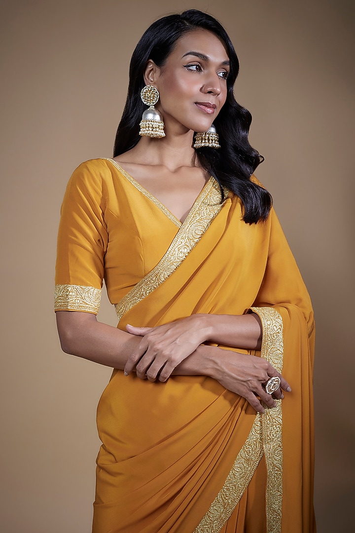 Mustard Pure Crepe Silk Hand Embroidered Wedding Saree Set by The Whole Nine Yards at Pernia's Pop Up Shop