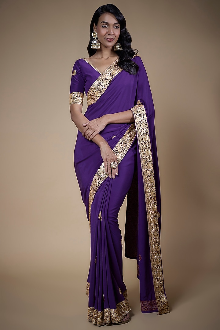 Purple Pure Crepe Silk Hand Embroidered Reception Saree Set by The Whole Nine Yards at Pernia's Pop Up Shop