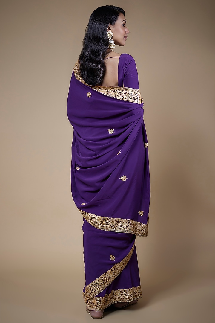 Purple Pure Crepe Silk Hand Embroidered Reception Saree Set by The Whole Nine Yards at Pernia's Pop Up Shop