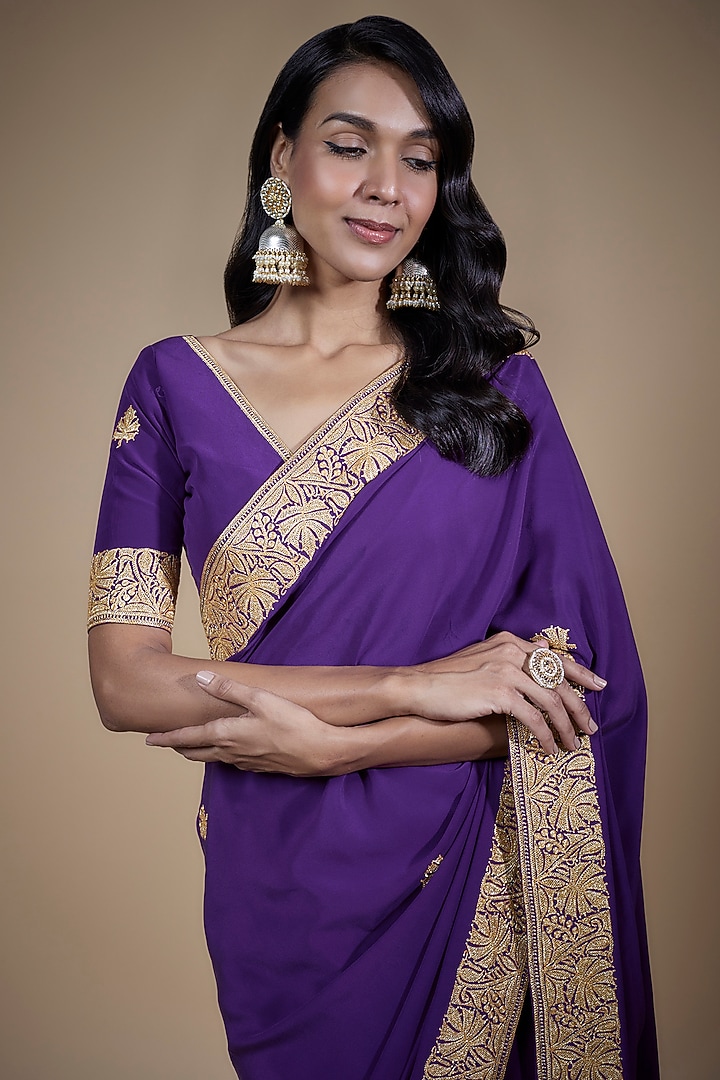 Purple Pure Crepe Silk Hand Embroidered Reception Saree Set by The Whole Nine Yards at Pernia's Pop Up Shop