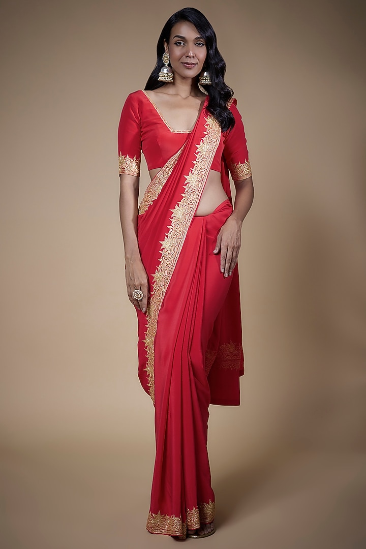 Red Pure Crepe Silk Hand Embroidered Reception Saree Set by The Whole Nine Yards at Pernia's Pop Up Shop