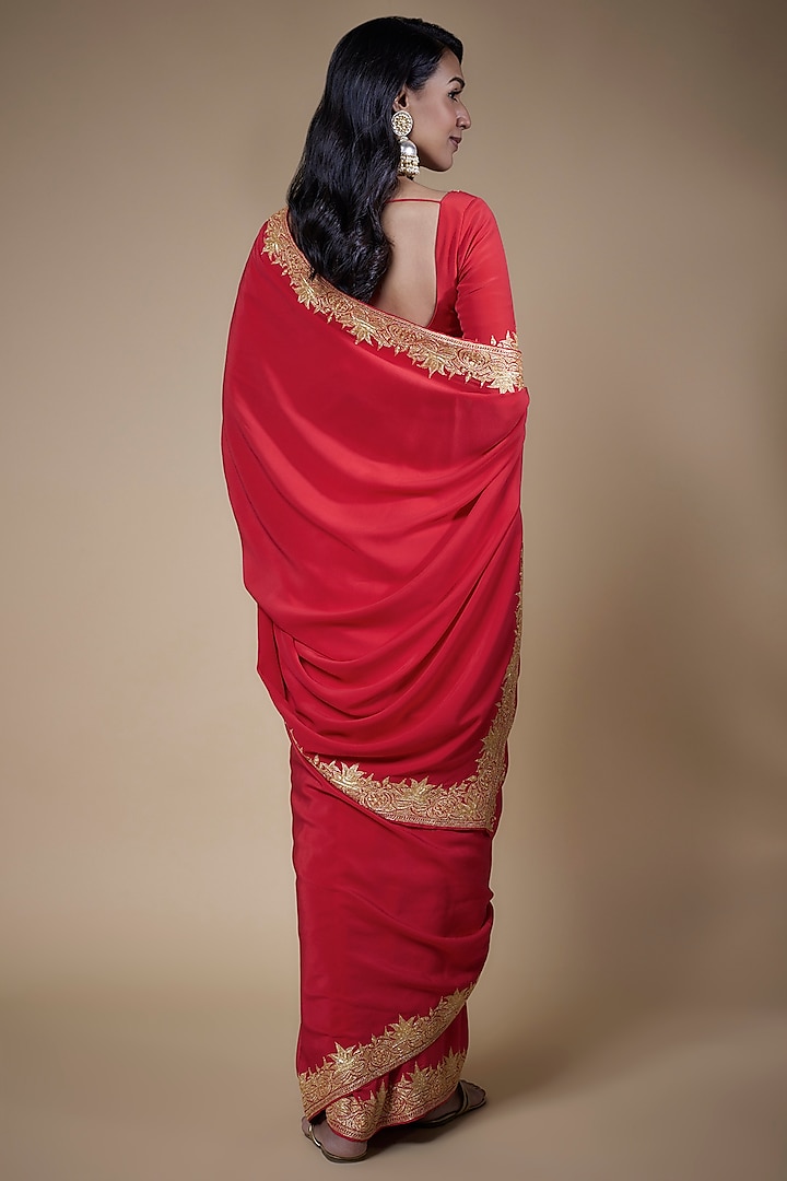 Red Pure Crepe Silk Hand Embroidered Reception Saree Set by The Whole Nine Yards at Pernia's Pop Up Shop