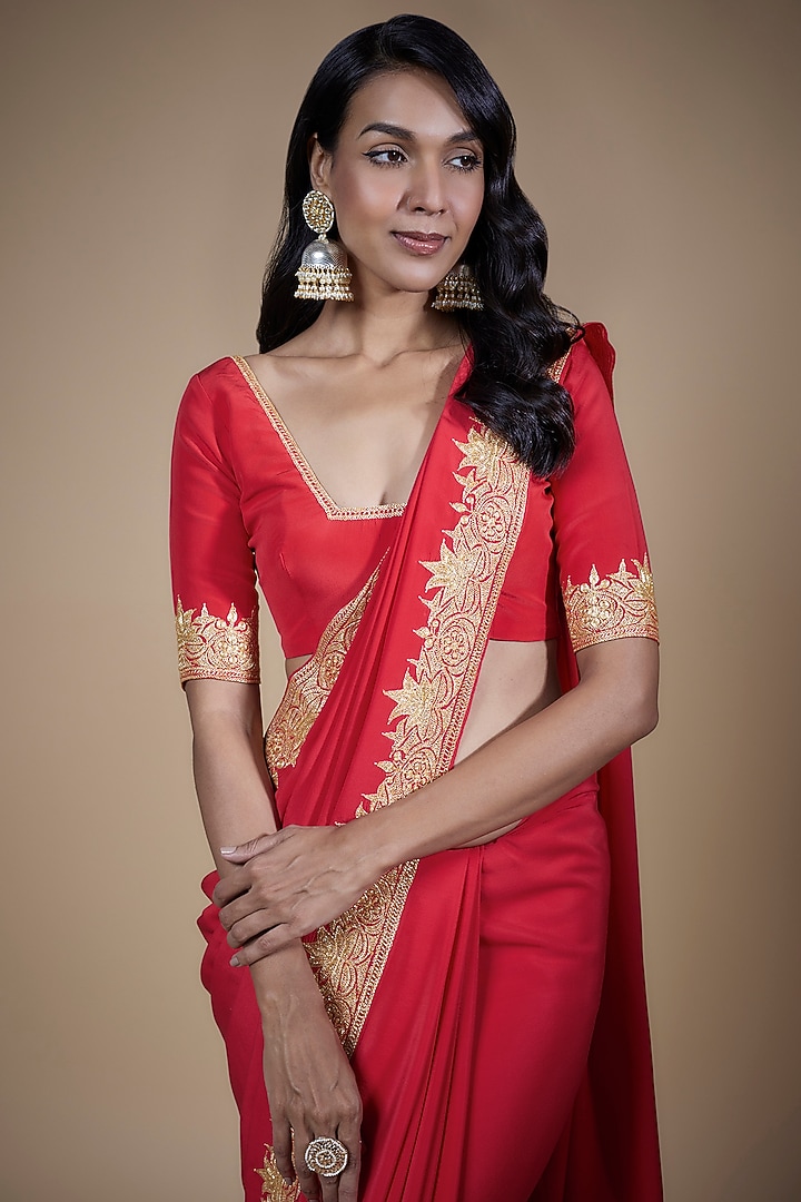 Red Pure Crepe Silk Hand Embroidered Reception Saree Set by The Whole Nine Yards at Pernia's Pop Up Shop