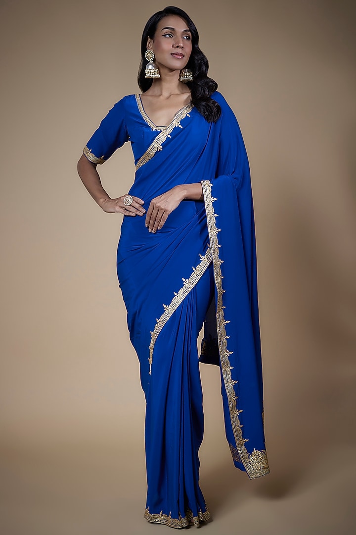 Cobalt Blue Pure Crepe Silk Hand Embroidered Wedding Saree Set by The Whole Nine Yards at Pernia's Pop Up Shop