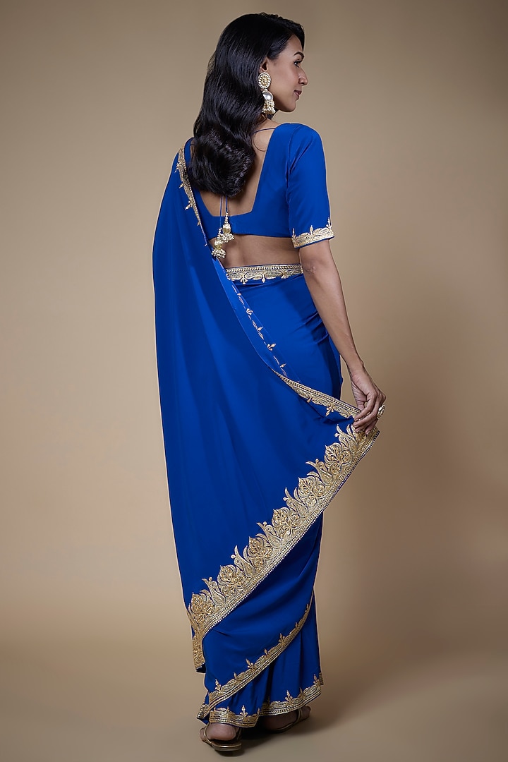 Cobalt Blue Pure Crepe Silk Hand Embroidered Wedding Saree Set by The Whole Nine Yards at Pernia's Pop Up Shop