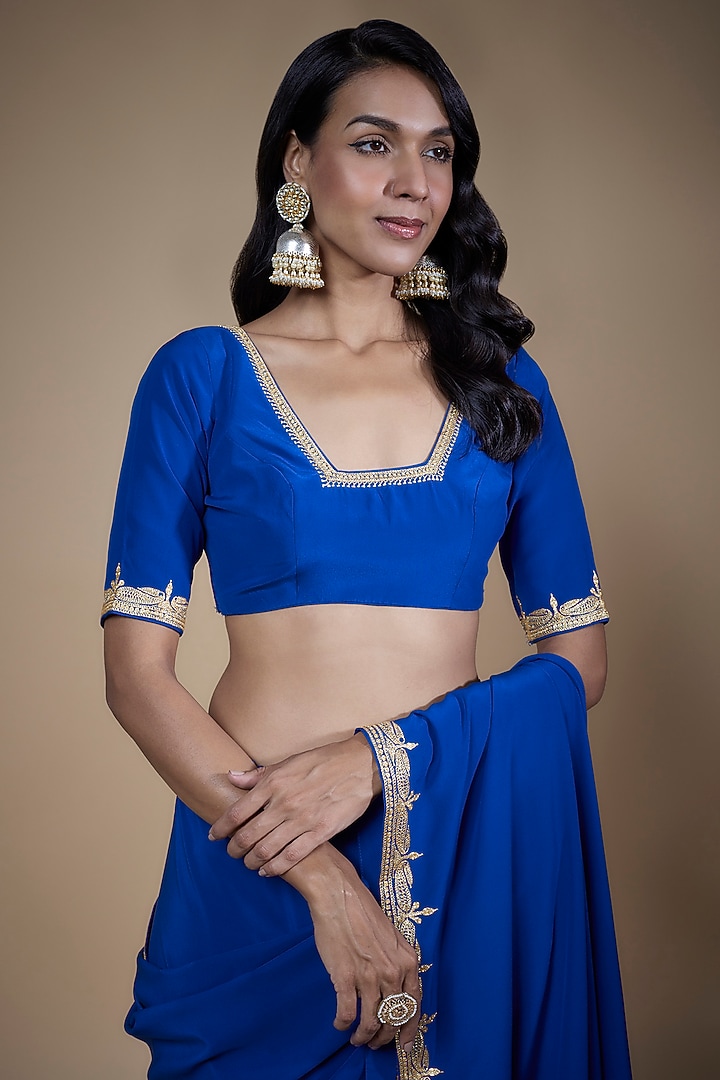 Cobalt Blue Pure Crepe Silk Hand Embroidered Wedding Saree Set by The Whole Nine Yards at Pernia's Pop Up Shop