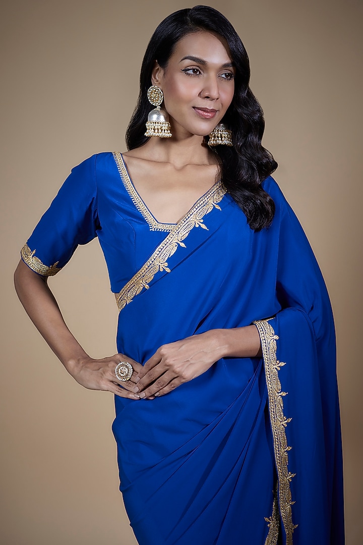 Cobalt Blue Pure Crepe Silk Hand Embroidered Wedding Saree Set by The Whole Nine Yards at Pernia's Pop Up Shop