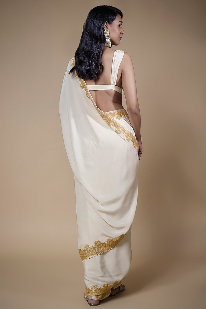 Ivory Pure Crepe Silk Hand Embroidered Wedding Saree Set by The Whole Nine Yards at Pernia's Pop Up Shop