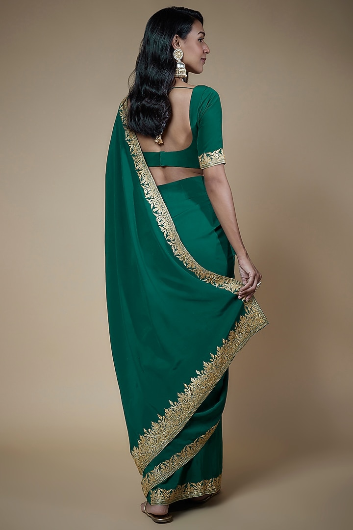 Castleton Green Pure Crepe Silk Hand Embroidered Wedding Saree Set by The Whole Nine Yards at Pernia's Pop Up Shop