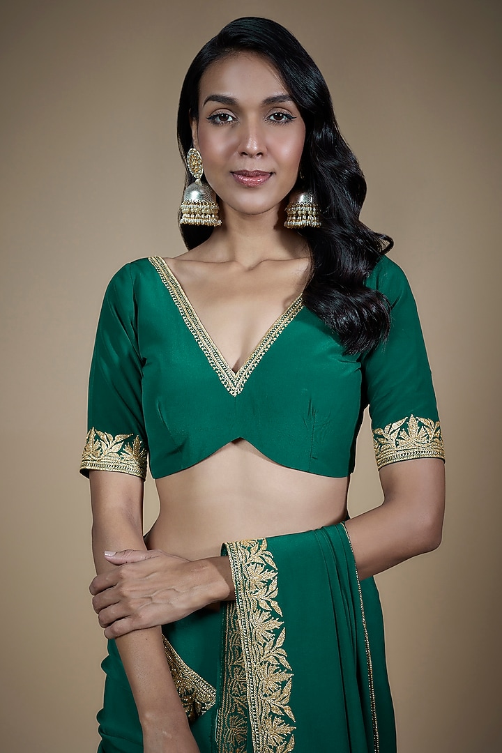 Castleton Green Pure Crepe Silk Hand Embroidered Wedding Saree Set by The Whole Nine Yards at Pernia's Pop Up Shop