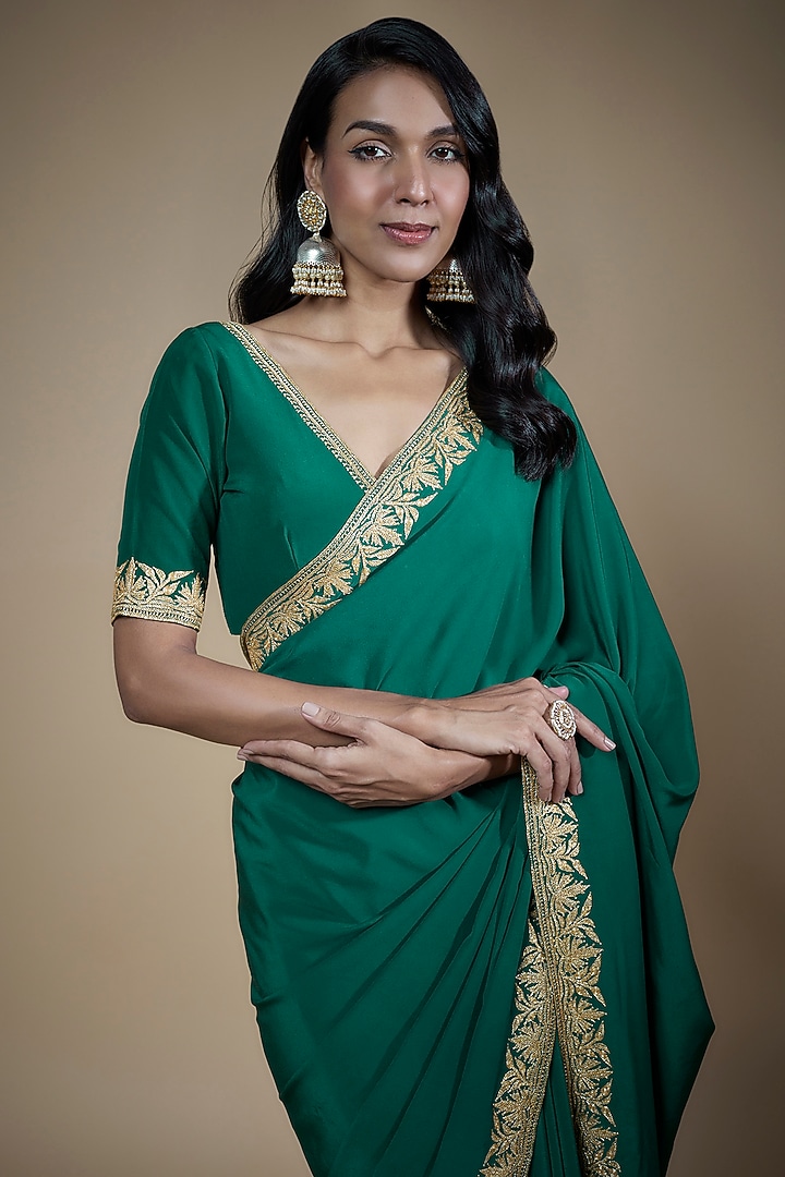 Castleton Green Pure Crepe Silk Hand Embroidered Wedding Saree Set by The Whole Nine Yards at Pernia's Pop Up Shop