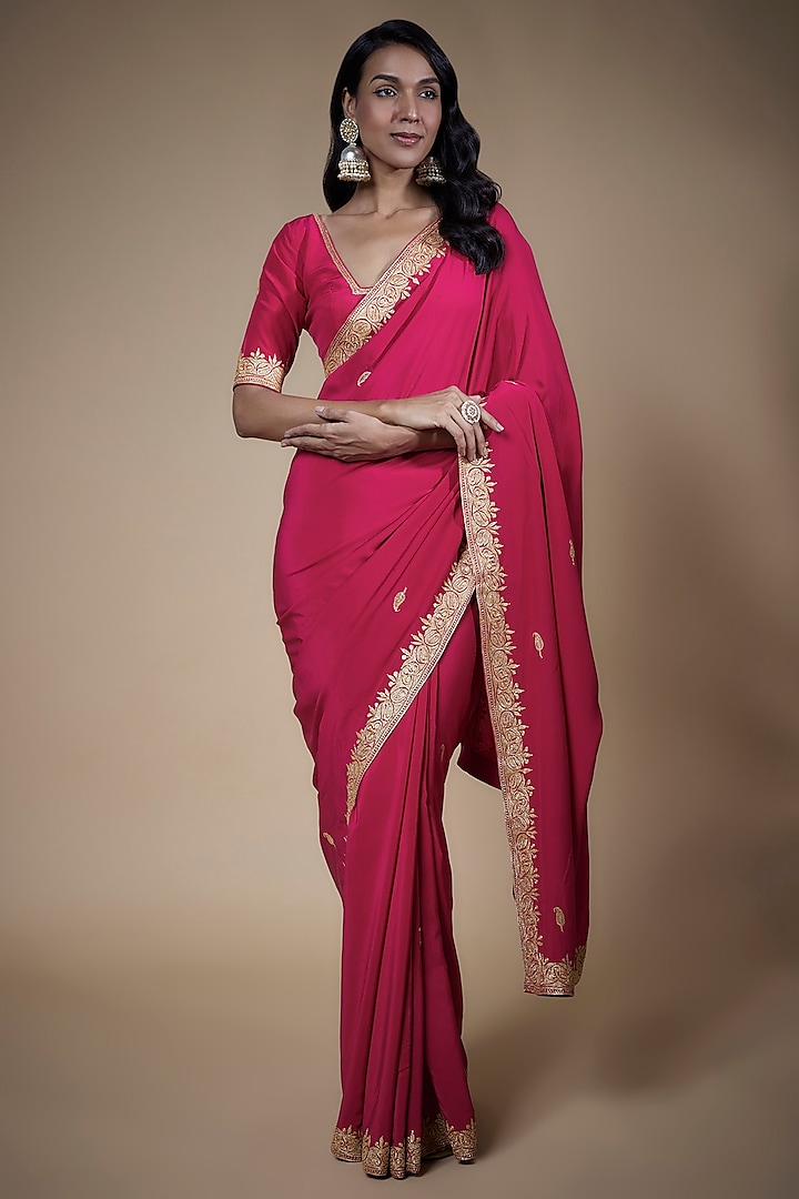 Raspberry Pink Pure Crepe Silk Hand Embroidered Saree Set by The Whole Nine Yards