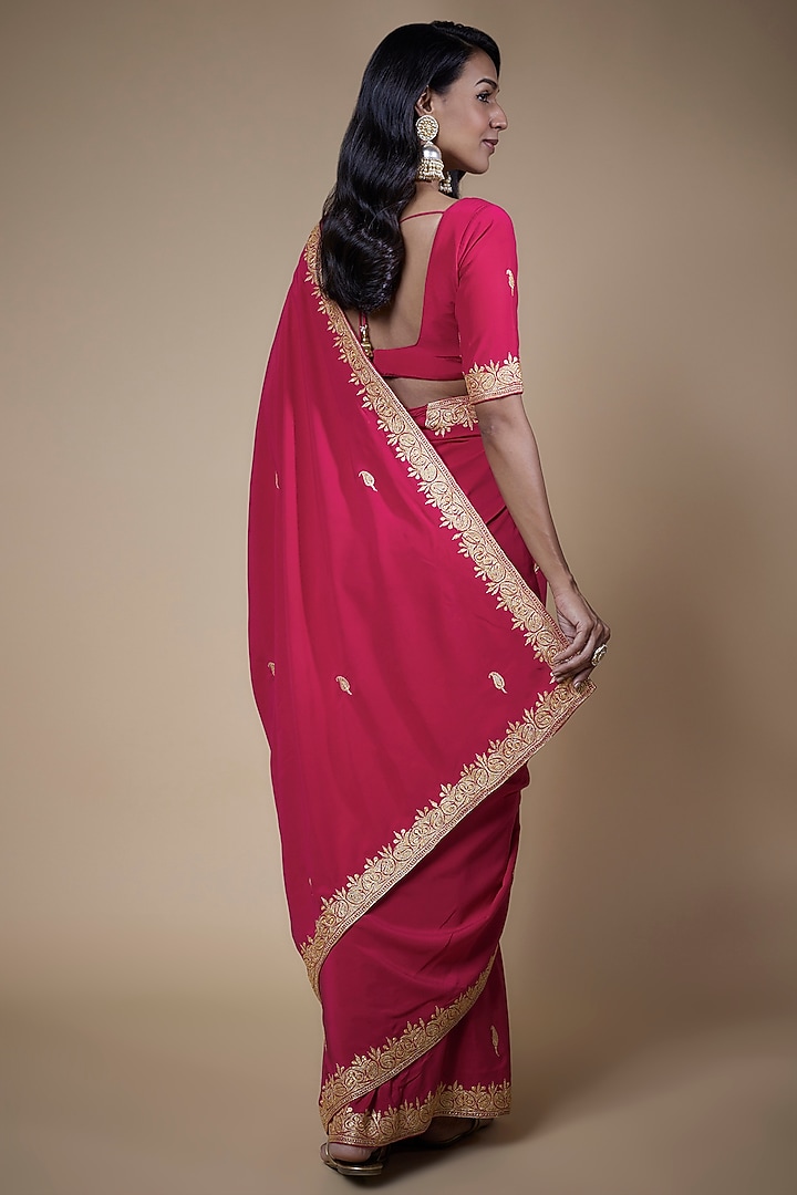 Raspberry Pink Pure Crepe Silk Hand Embroidered Wedding Saree Set by The Whole Nine Yards at Pernia's Pop Up Shop