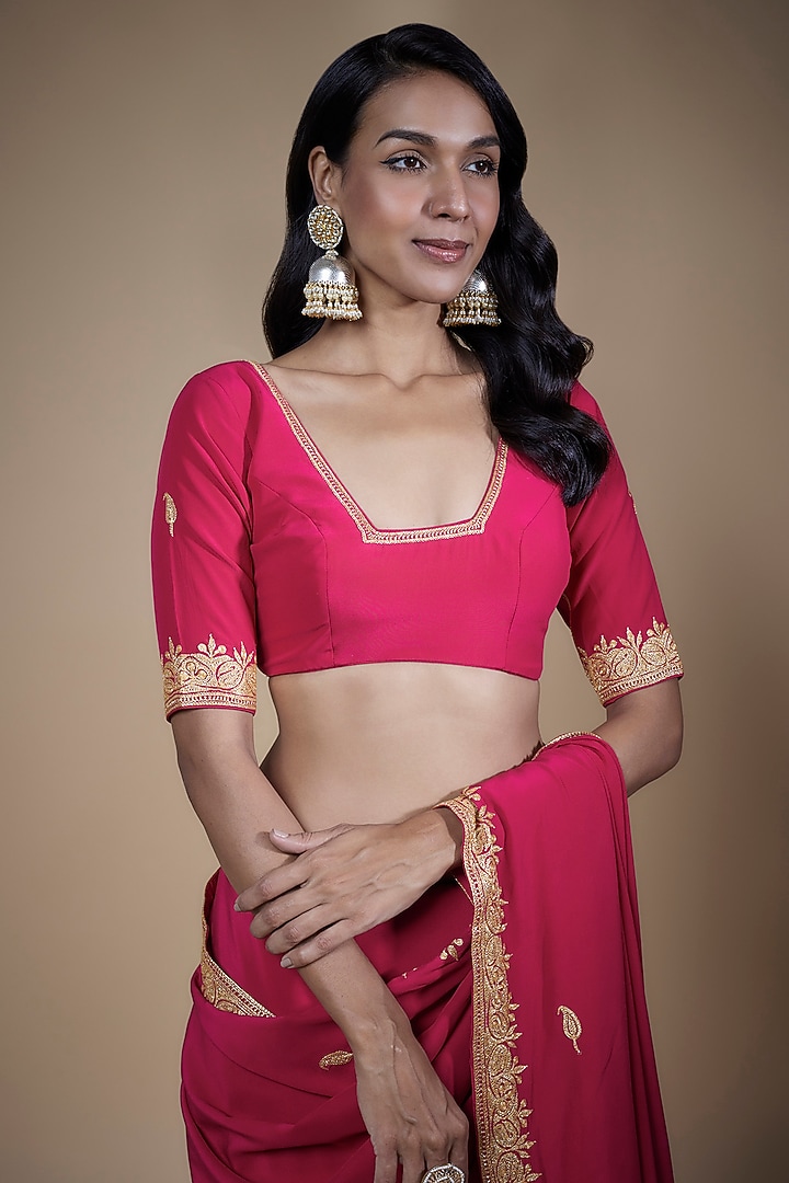Raspberry Pink Pure Crepe Silk Hand Embroidered Wedding Saree Set by The Whole Nine Yards at Pernia's Pop Up Shop