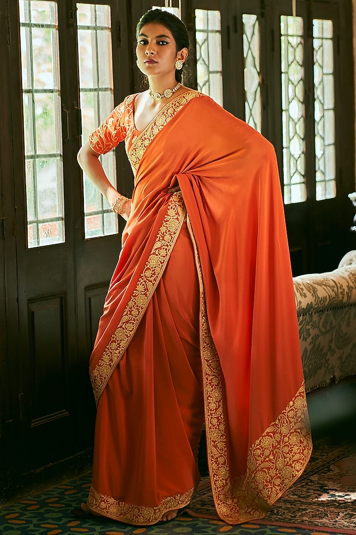 Orange Pure Crepe Silk Embroidered Saree Set by The Whole Nine Yards