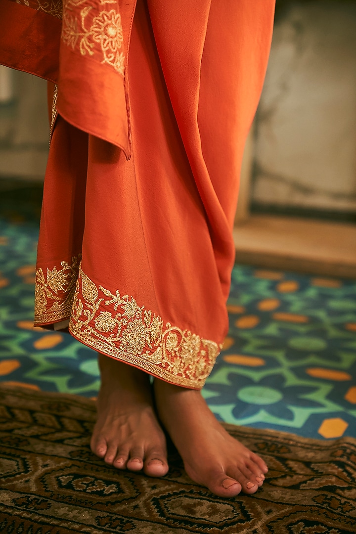 Orange Pure Crepe Silk Embroidered Reception Saree Set by The Whole Nine Yards at Pernia's Pop Up Shop