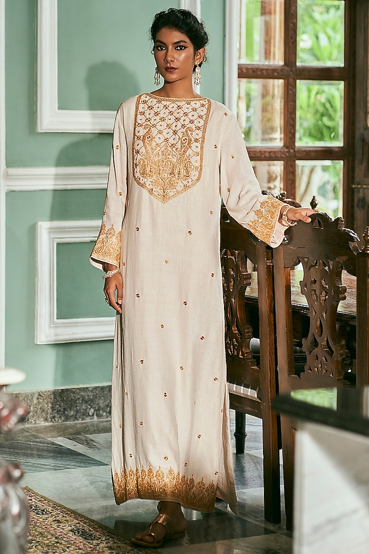 Ivory Matka Silk Embroidered Kaftan by The Whole Nine Yards
