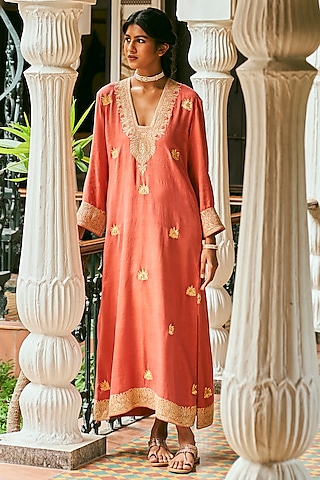 Orange Matka Silk Embroidered Kaftan by The Whole Nine Yards