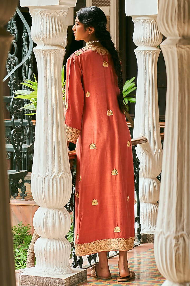 Orange Matka Silk Embroidered Kaftan by The Whole Nine Yards at Pernia's Pop Up Shop
