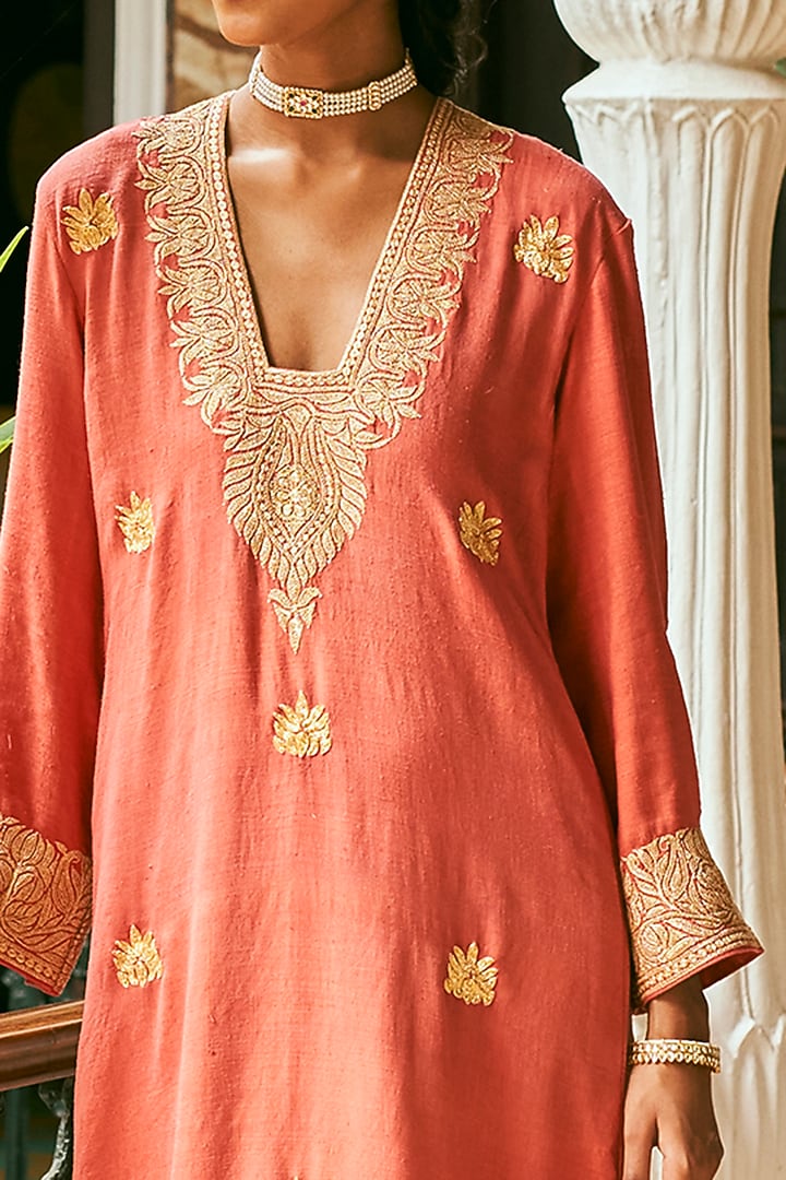 Orange Matka Silk Embroidered Kaftan by The Whole Nine Yards at Pernia's Pop Up Shop