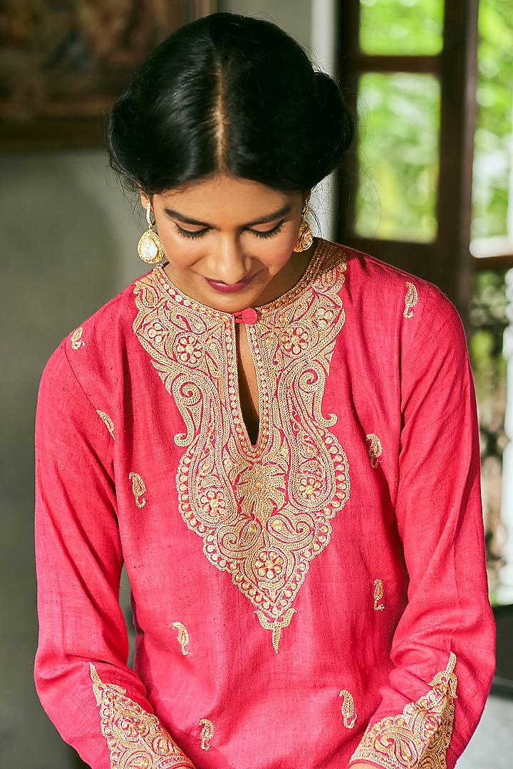 Crimson Red Matka Silk Embroidered Kaftan by The Whole Nine Yards at Pernia's Pop Up Shop