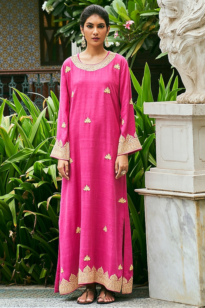 Pink Matka Silk Embroidered Kaftan by The Whole Nine Yards
