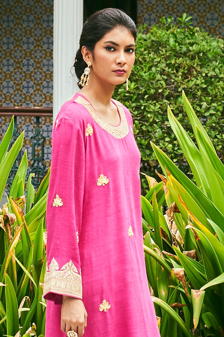 Pink Matka Silk Embroidered Kaftan by The Whole Nine Yards at Pernia's Pop Up Shop