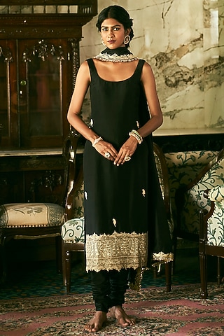 Black Dupion Silk Kurta Set by The Whole Nine Yards