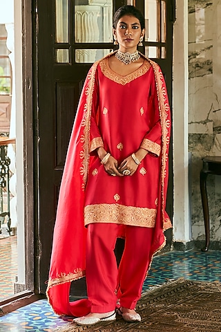 Red Dupion Silk Kurta Set by The Whole Nine Yards
