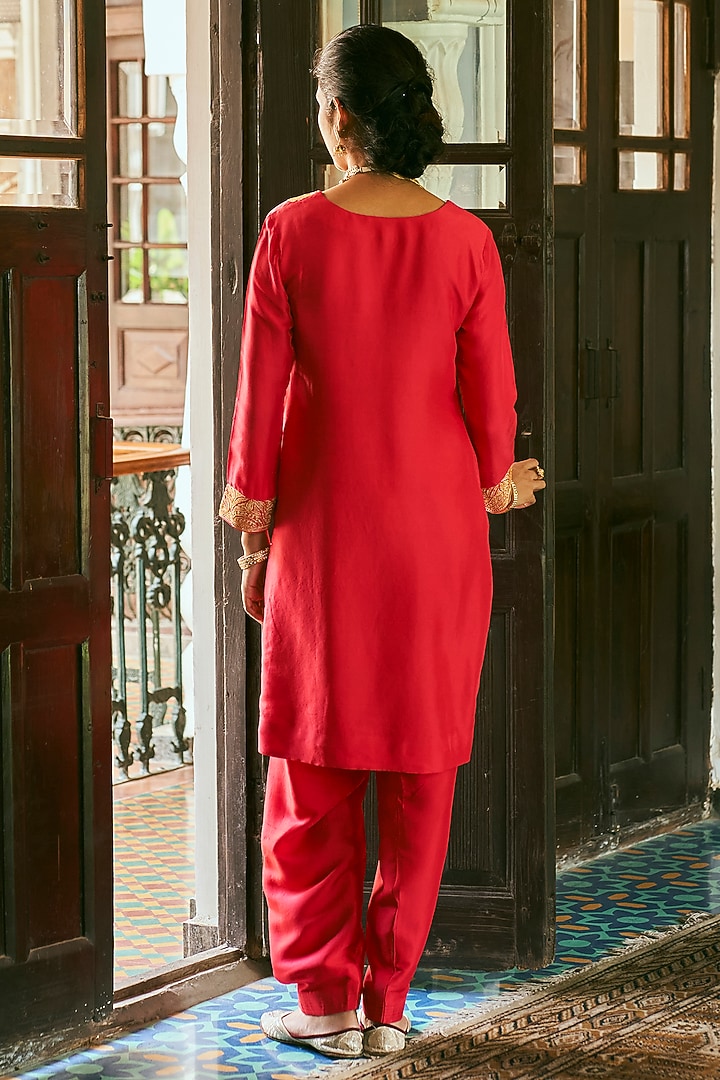 Red Dupion Silk Kurta Set by The Whole Nine Yards at Pernia's Pop Up Shop